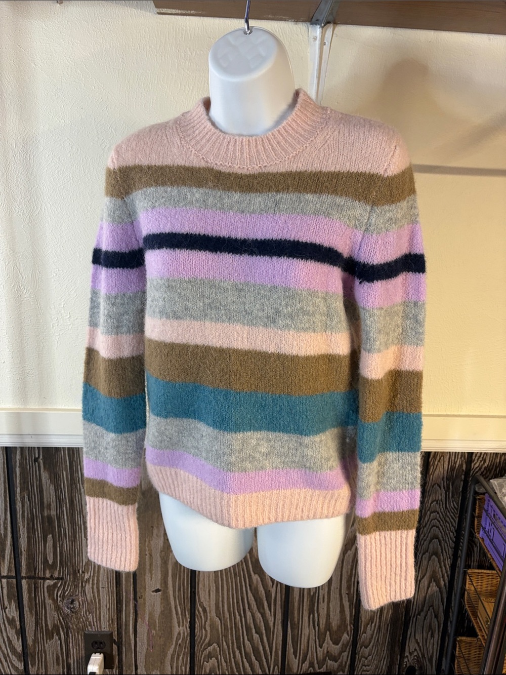 Pastel Pink Striped Crewneck Sweater with Multicolor Bands
